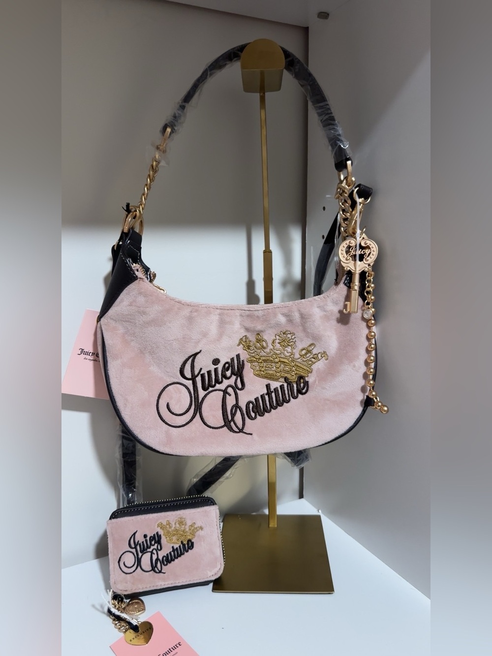 Juicy Couture Pink Velvet Shoulder Bag with Gold Embroidery & wallet set NWT